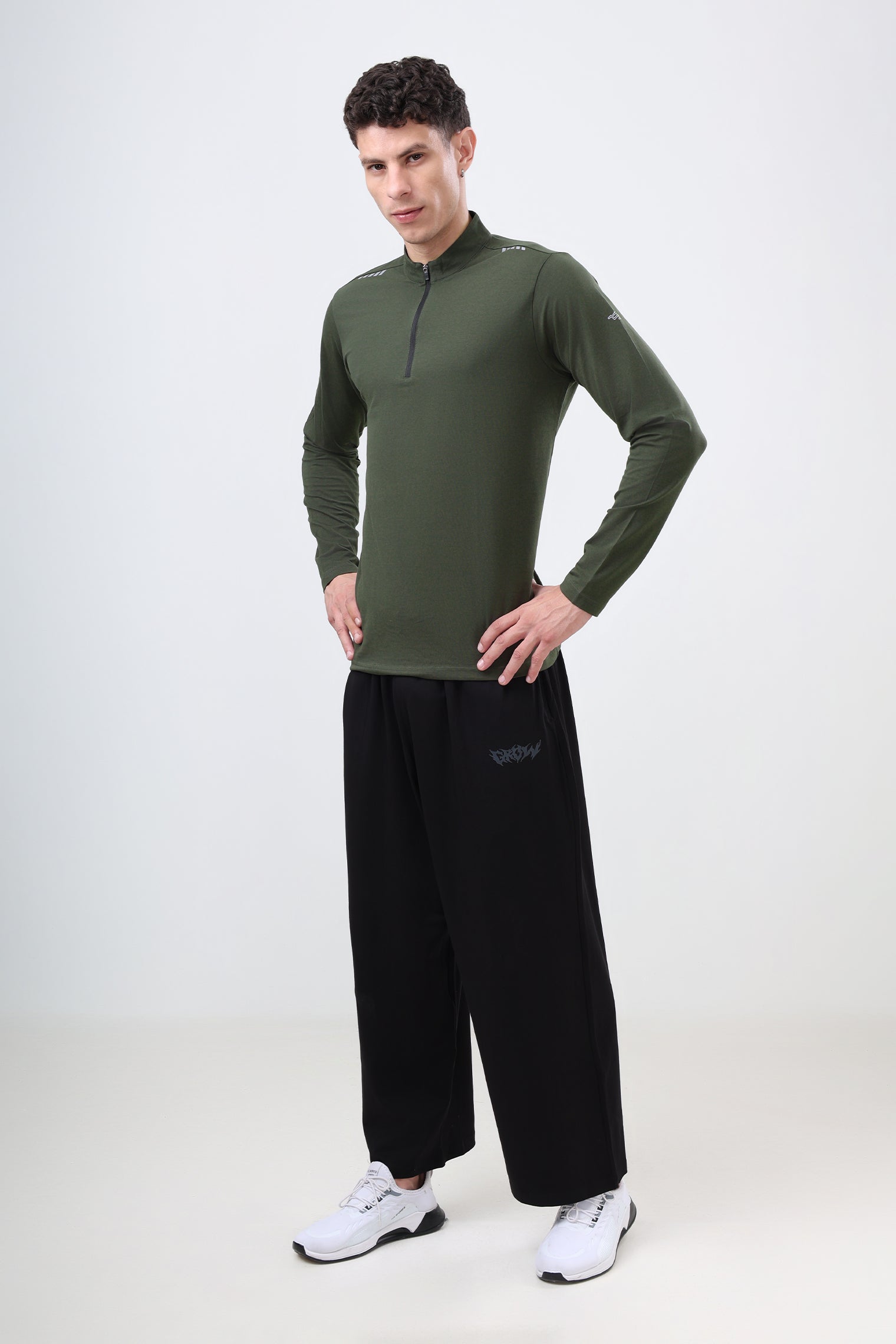 Quarter Zip Solid Full Sleeve T-Shirt (Cotton Feel) Olive